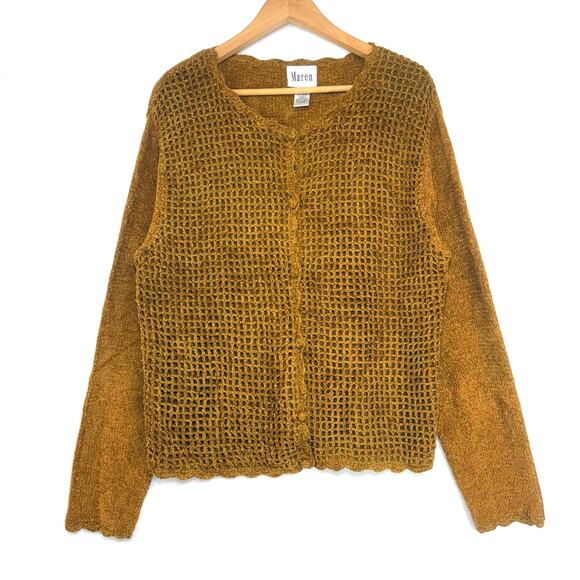 Maren L Silk‎ Buttoned Web Knit Scalloped Hem Sweater Brown Grandma Retro Funky - Picture 1 of 7